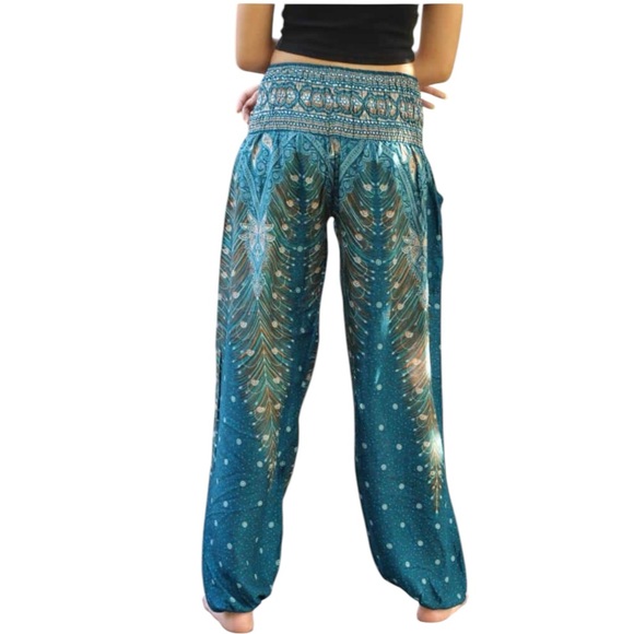 Yoga Lounge Festival High Waisted Rayon Harem Pants Turquoise Peacock Print OS - Picture 3 of 7